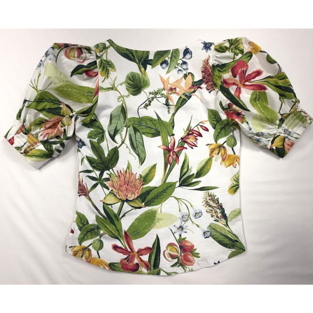 Chico's Floral Tropical Blouse size 0 US M puff sleeve square neck cotton blend - Picture 6 of 10